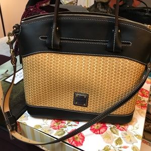 Dooney & Bourke Black / Straw Colored Leather Embossed Summer Satchel